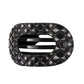 Black quilted hair clip with a brand logo on a white background
