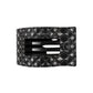 Black quilted hair clip with a brand logo on a white background

