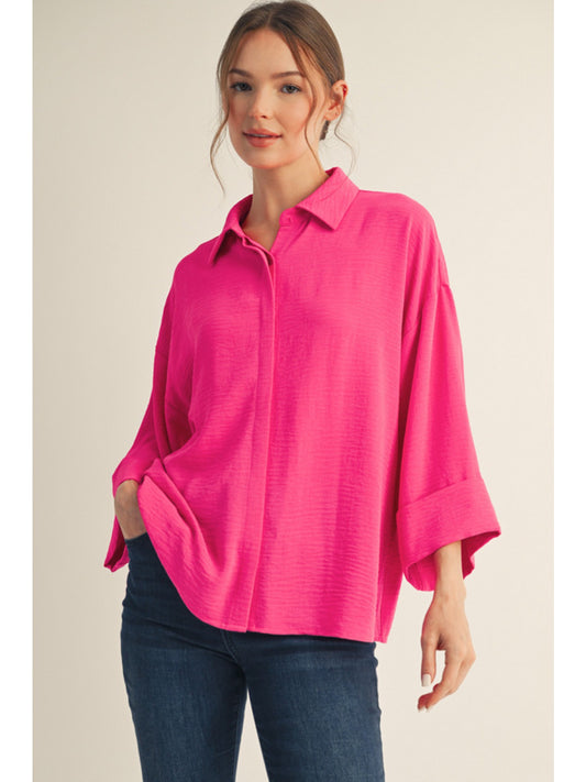 Textured Button Down Top Hot Pink