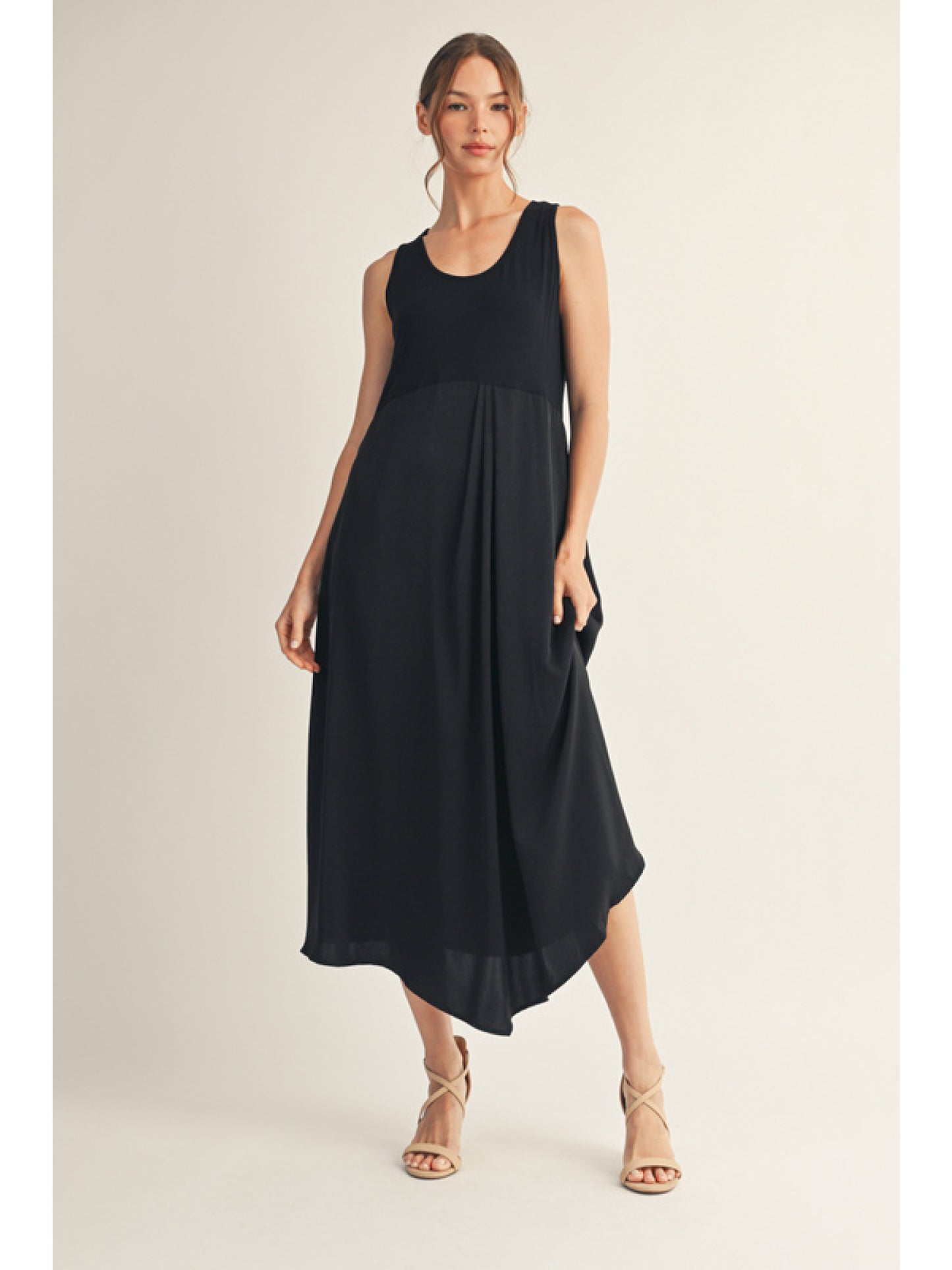 Midi Front Pleat Detail Tank Dress with Sweater