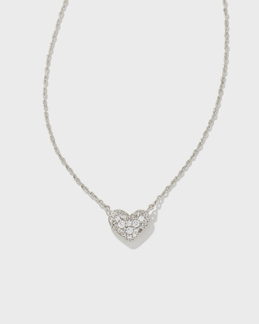 Ari Pave Crystal Heart Necklace Silver White Crystal