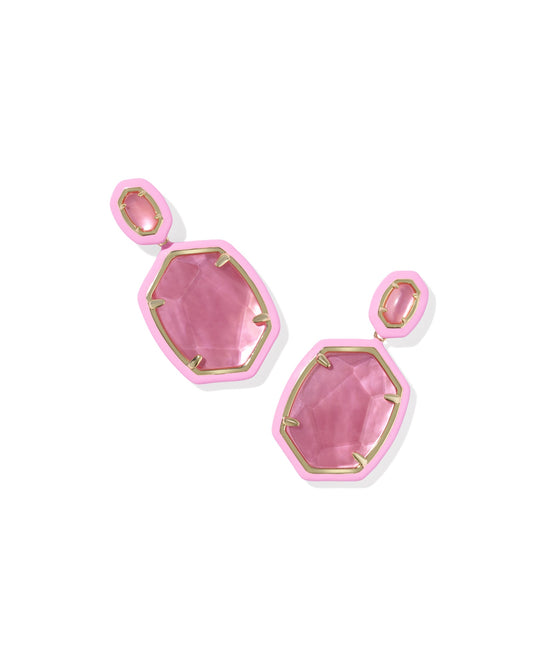Daphne Enamel Frame Drop Earrings Gold Bright Pink Illusion