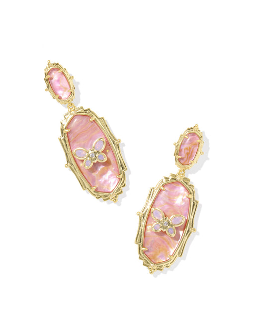 Dolly Parton Elle Butterfly Statement Earrings Gold Lt Pink Iri Abalone