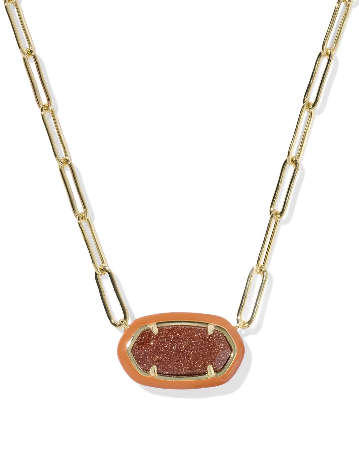 Elisa Enamel Frame Paperclip Necklace Gold Orange Goldstone