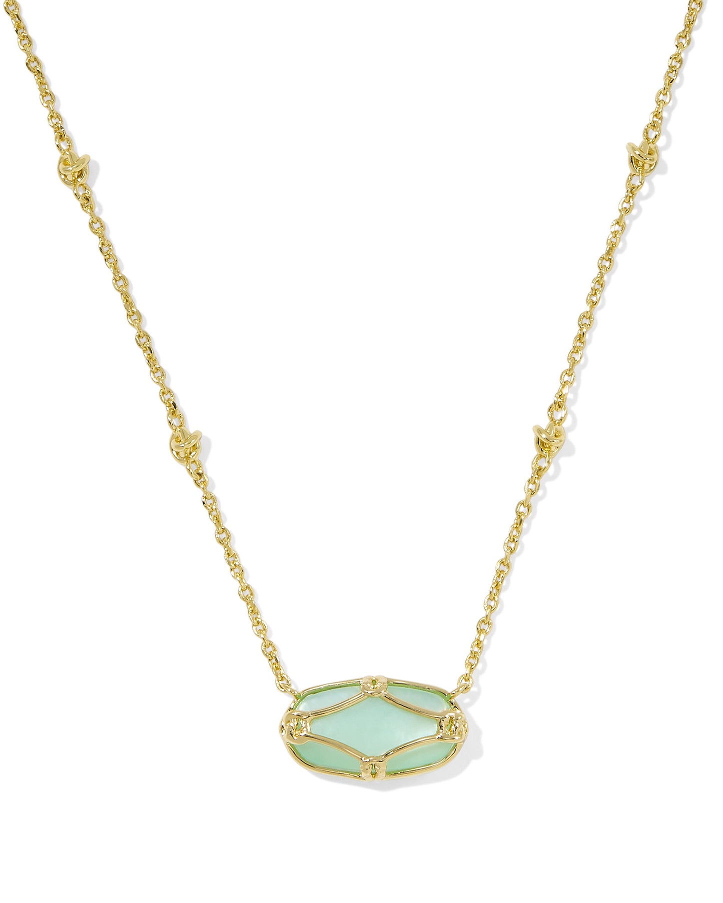 Elisa Lattice Frame Short Pendant Necklace Gold Lt Green MOP