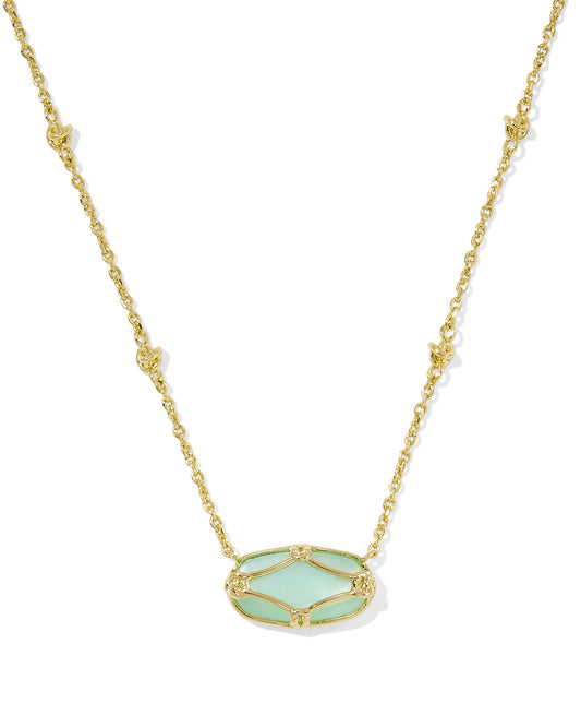 Elisa Lattice Frame Short Pendant Necklace Gold Lt Green MOP