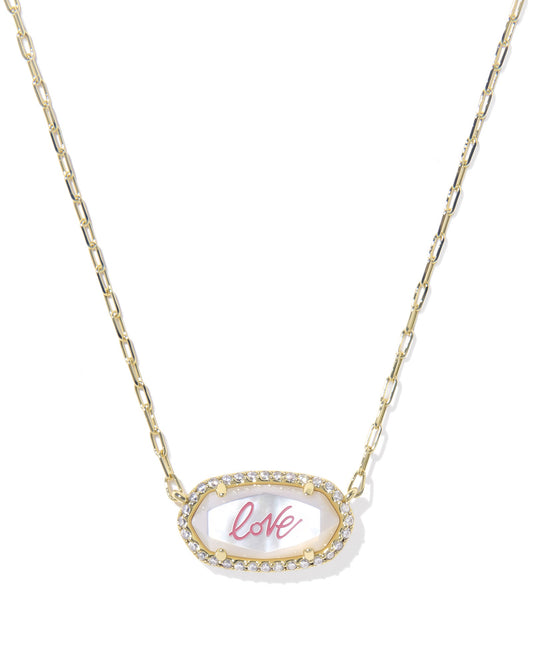 Elisa Pave Frame Short Pendant Gold Ivory MOP Love Script