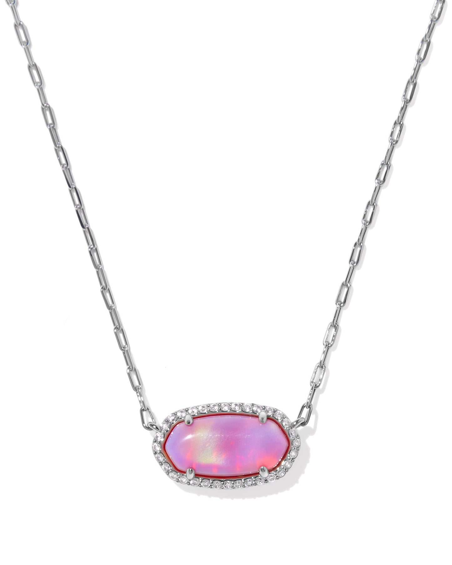 Elisa Pave Frame Short Pendant Necklace Silver pink opalescent Resin