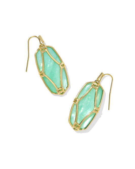 Elle Lattice Frame Drop Earrings Gold Lt Green MOP