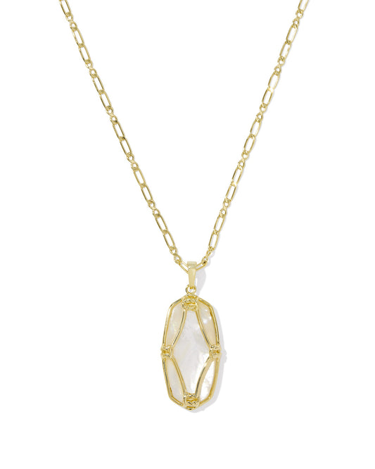 Elle Lattice Frame Large Long Pendant Necklace Gold Ivory MOP