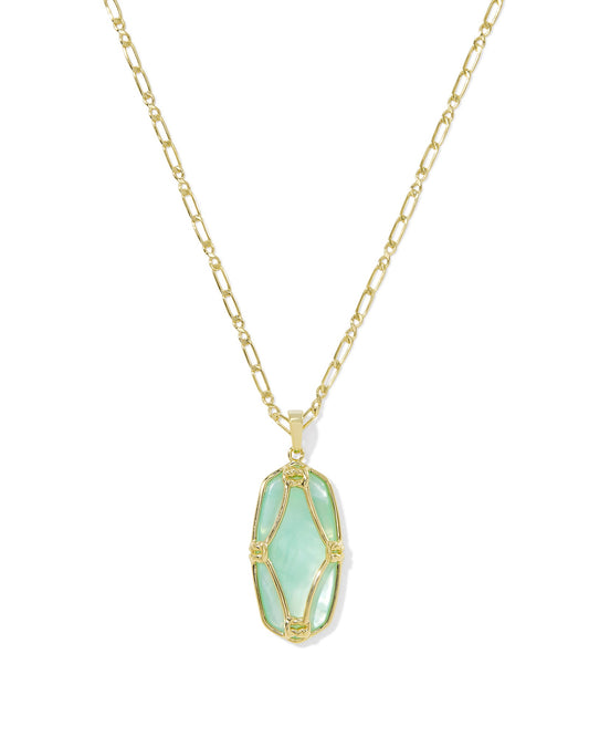 Elle Lattice Frame Large Long Pendant Necklace Gold Lt Green MOP