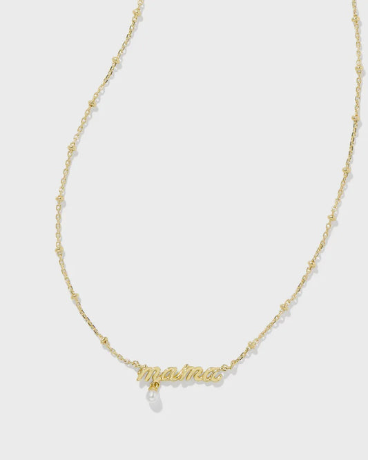 Mama Script Pendant Necklace Gold White Pearl