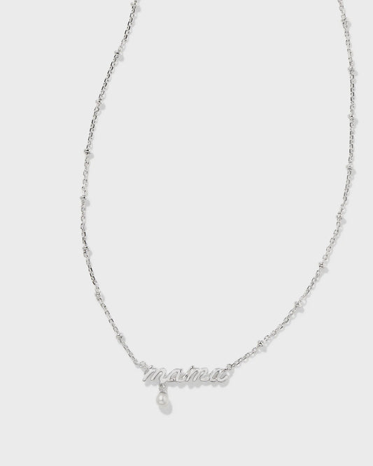 Mama Script Pendant Necklace Silver White Pearl