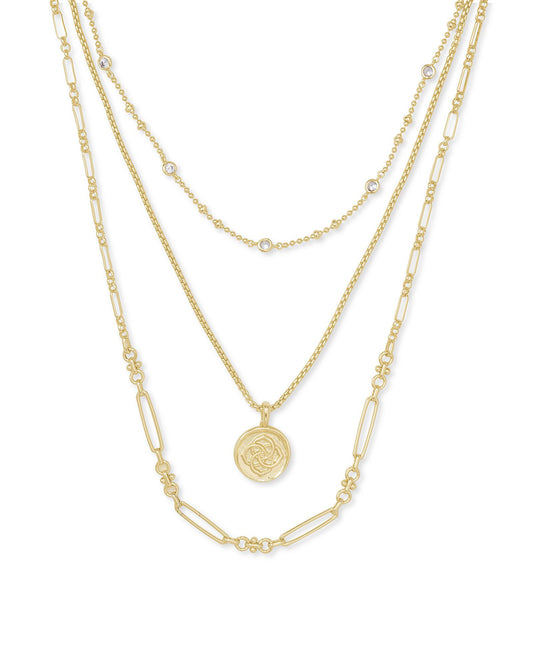 Medallion Coin Triple Strand Necklace Gold Metal