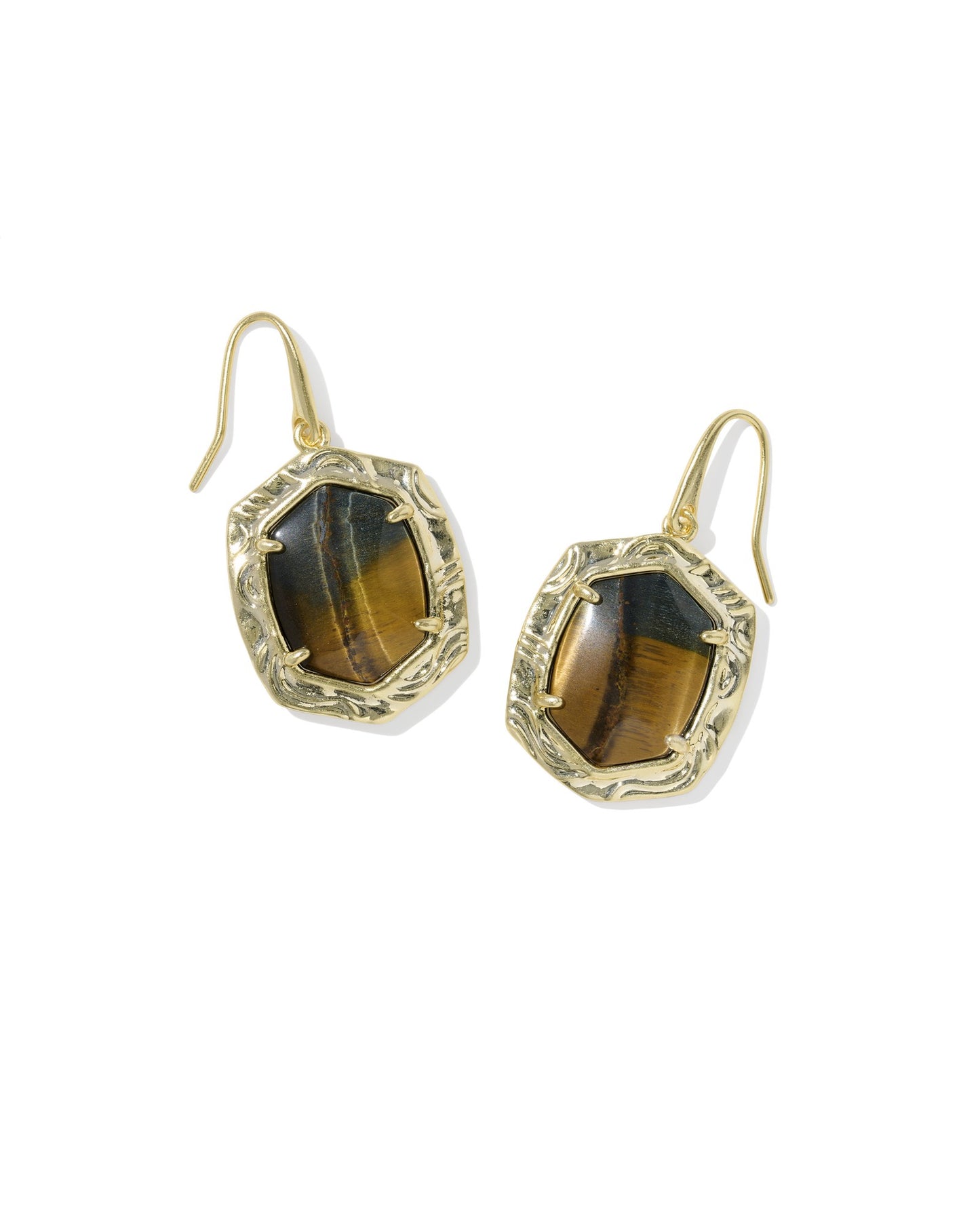 Tiger Striped Daphne Drop Earrings Gold Dark Brown Hawk's Eye