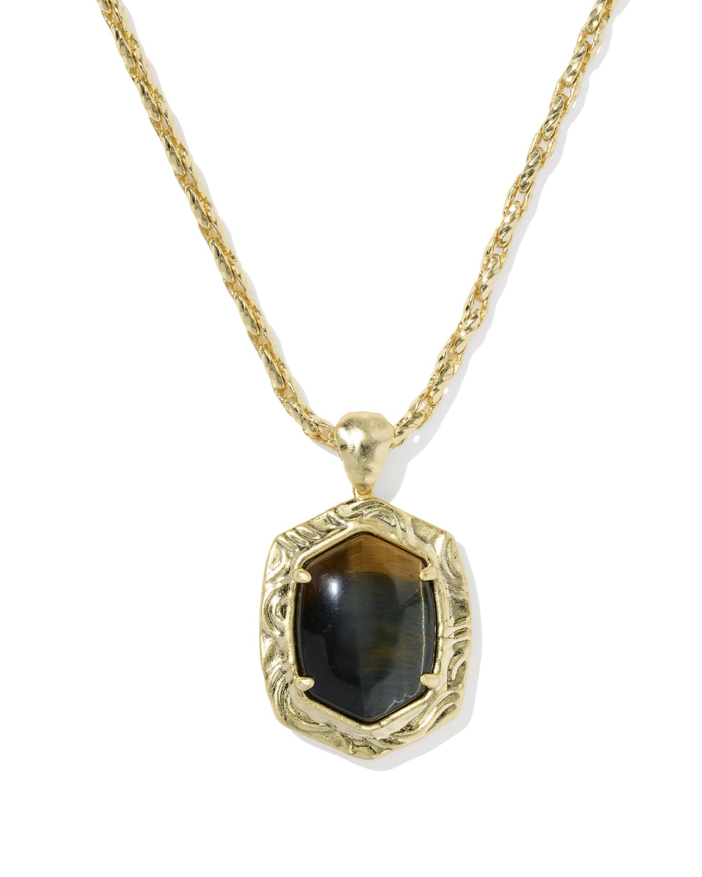 Tiger Striped Daphne Small Long Pendant Necklace Gold Dar Brown Hawk's Eye