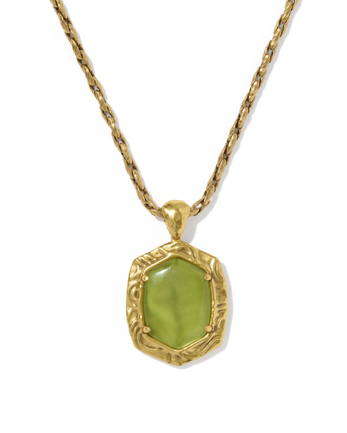Tiger Striped Daphne Small Long Pendant Necklace Vintage Gold Chartreuse Green Mother of Pearl