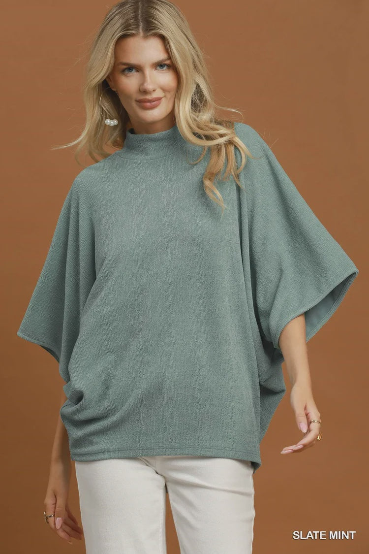 Mock Neck Dolman Sleeve Knit Top Slate Mint