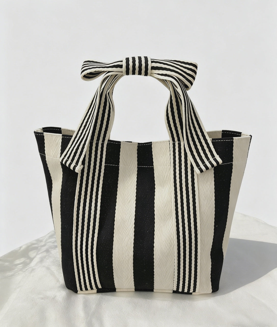 Mini Striped Bow Handle Tote Beige