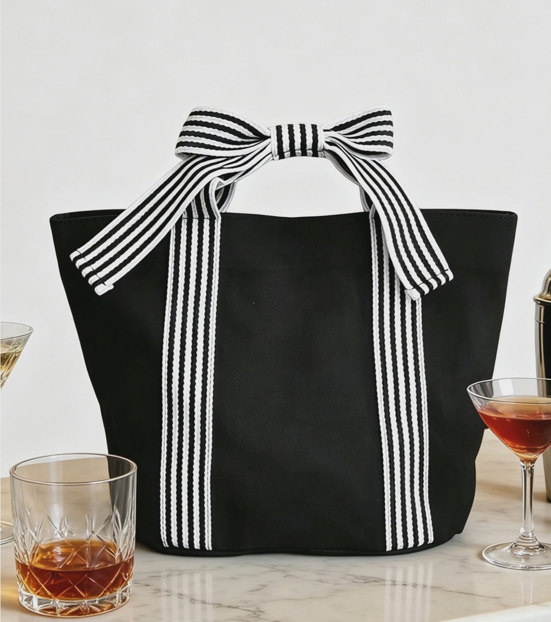 Mini Striped Bow Handle Tote Black