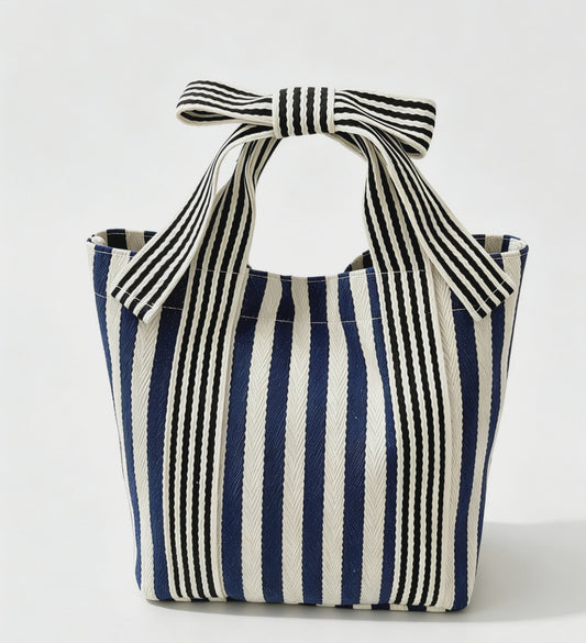 Mini Striped Bow Handle Tote Navy