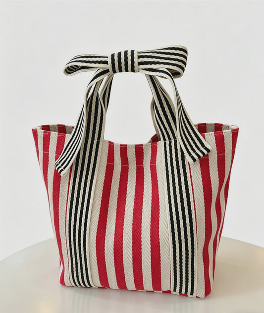 Mini Striped Bow Handle Tote Red