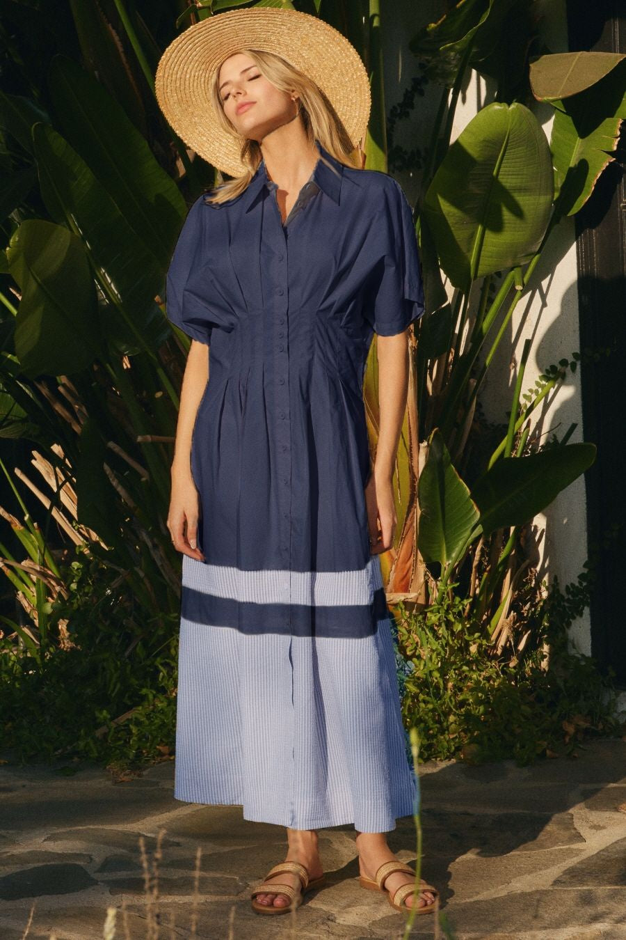 Short Sleeve Ruched Waist Shirt Dress Navy