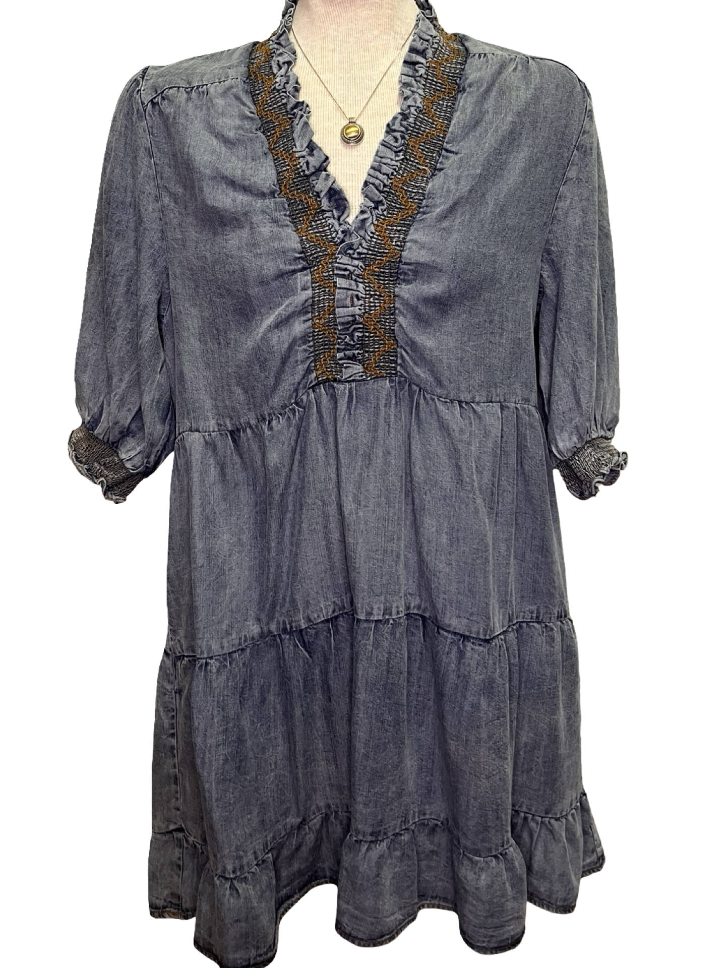 Tiered Skirt Short Sleeve Washed Denim Dress