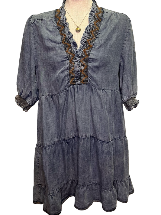 Tiered Skirt Short Sleeve Washed Denim Dress
