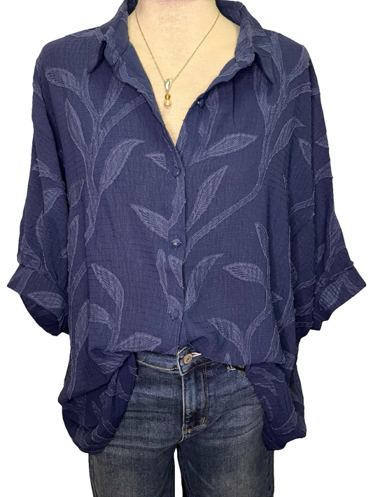 Textured Leaf Button Down Blouse Navy