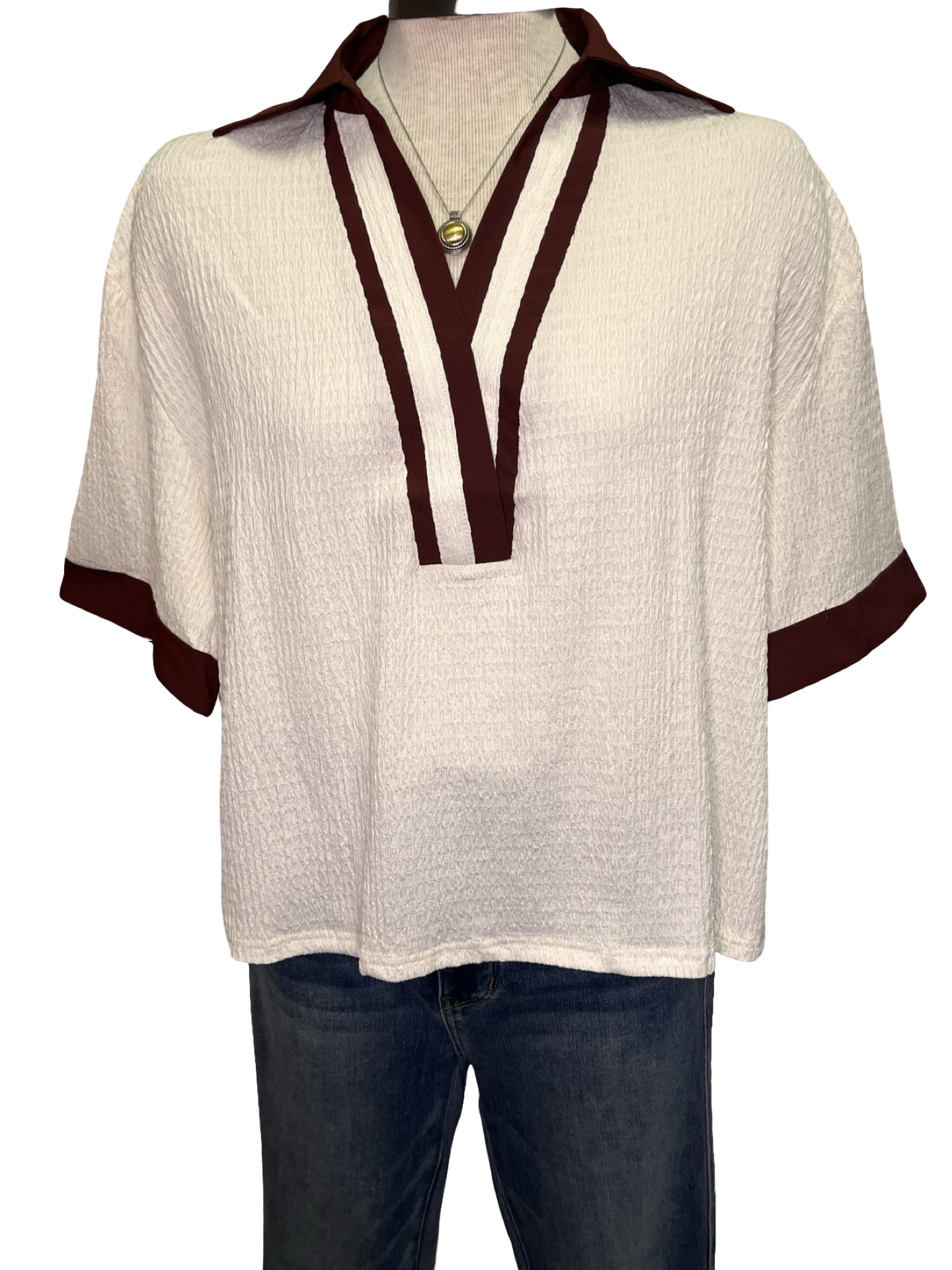 Collar V Neck Short Sleeve Top Cream
