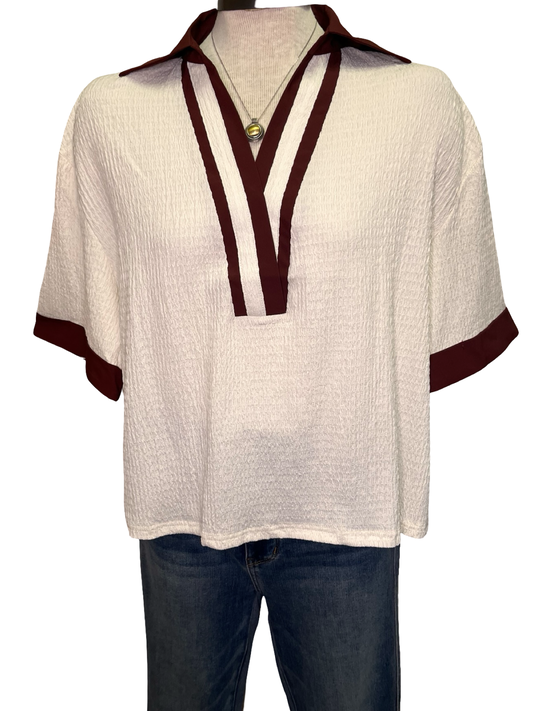 Collar V Neck Short Sleeve Top Cream
