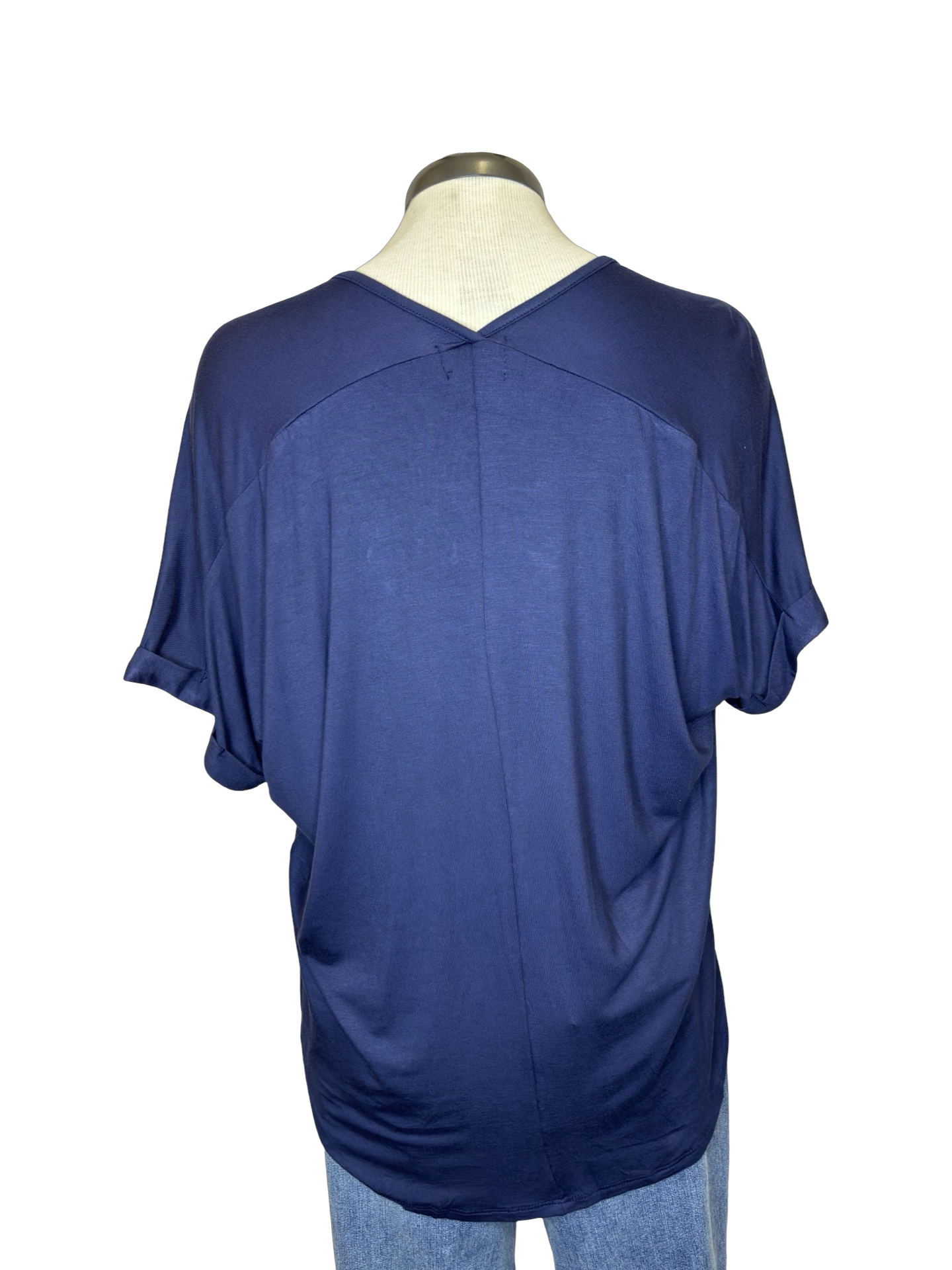 Madison V Neck Folded Cuff Sleeve Top Navy