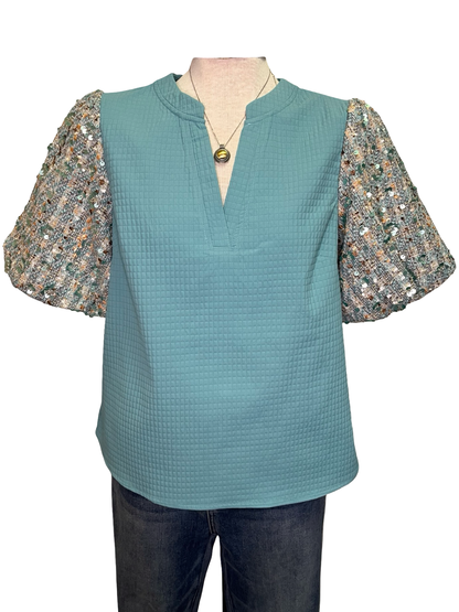 Sequins Bubble Sleeve Top Teal