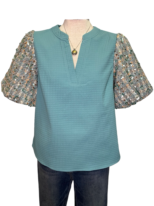 Sequins Bubble Sleeve Top Teal