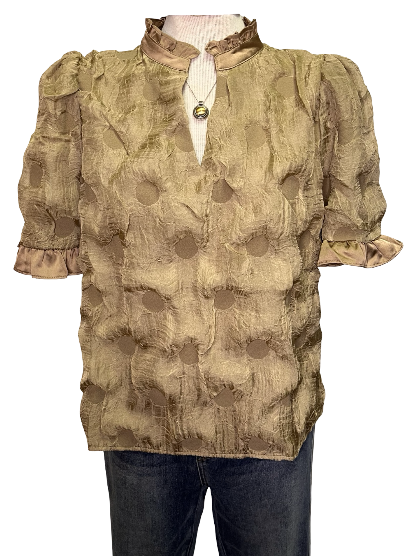 Satin Ruffled Dotted Textured Top Tan