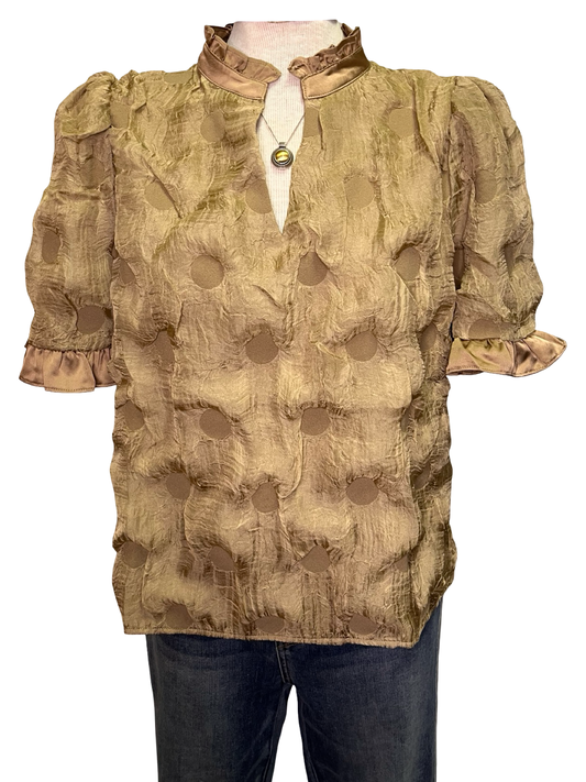 Satin Ruffled Dotted Textured Top Tan