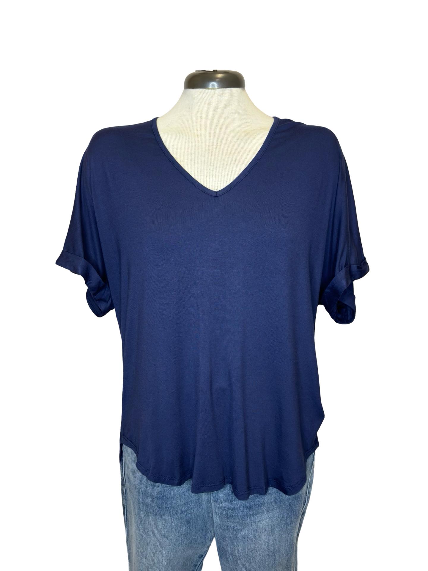 Madison V Neck Folded Cuff Sleeve Top Navy