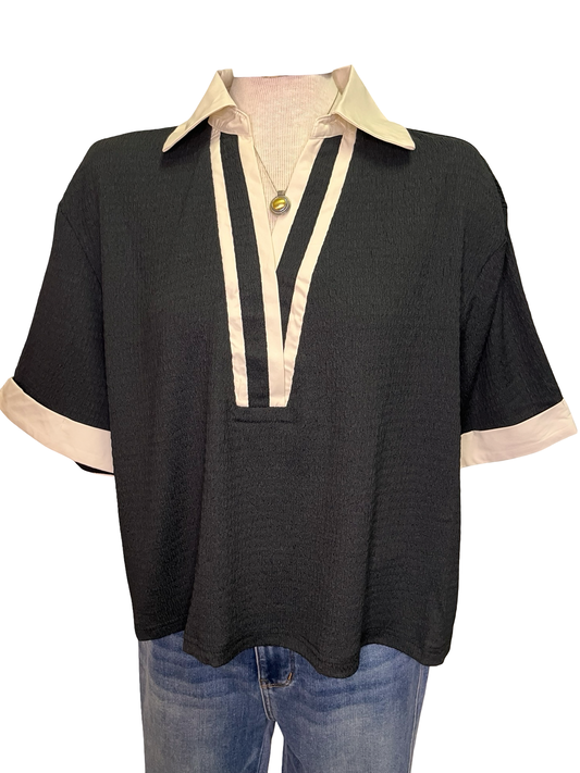 Collar V Neck Short Sleeve Top Black