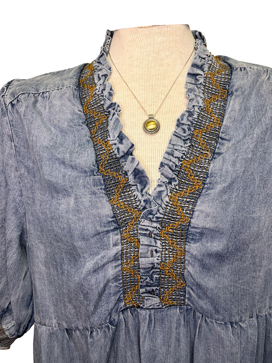 Tiered Skirt Short Sleeve Washed Denim Dress