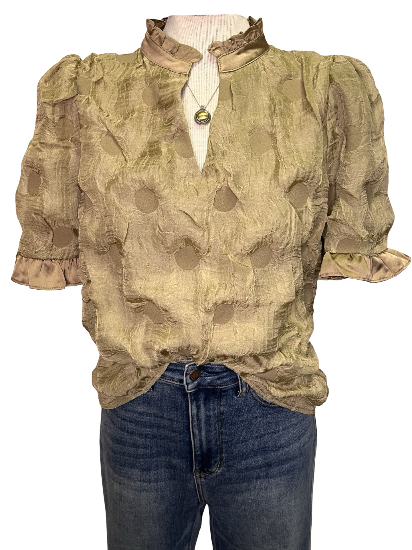 Satin Ruffled Dotted Textured Top Tan