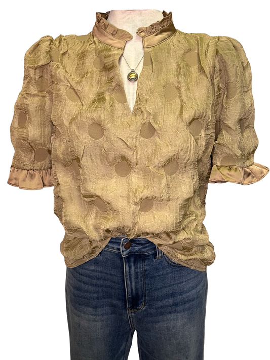 Satin Ruffled Dotted Textured Top Tan