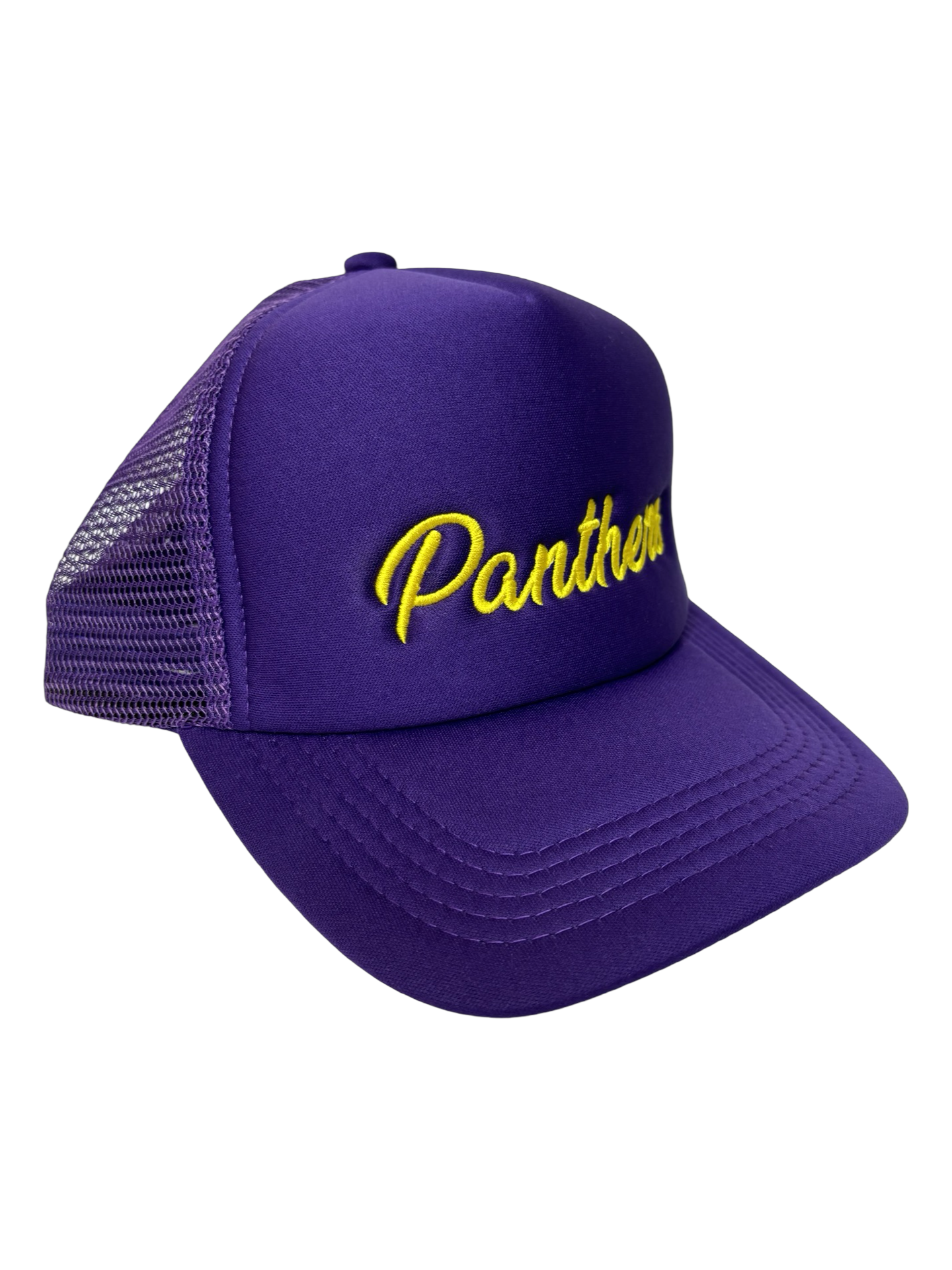 Panthers Purple in Gold Cursive Foam Trucker Hat