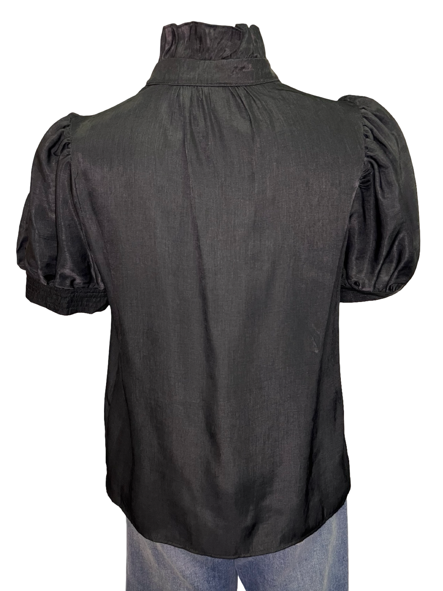 Ruffled Neck Embroidered Top Black