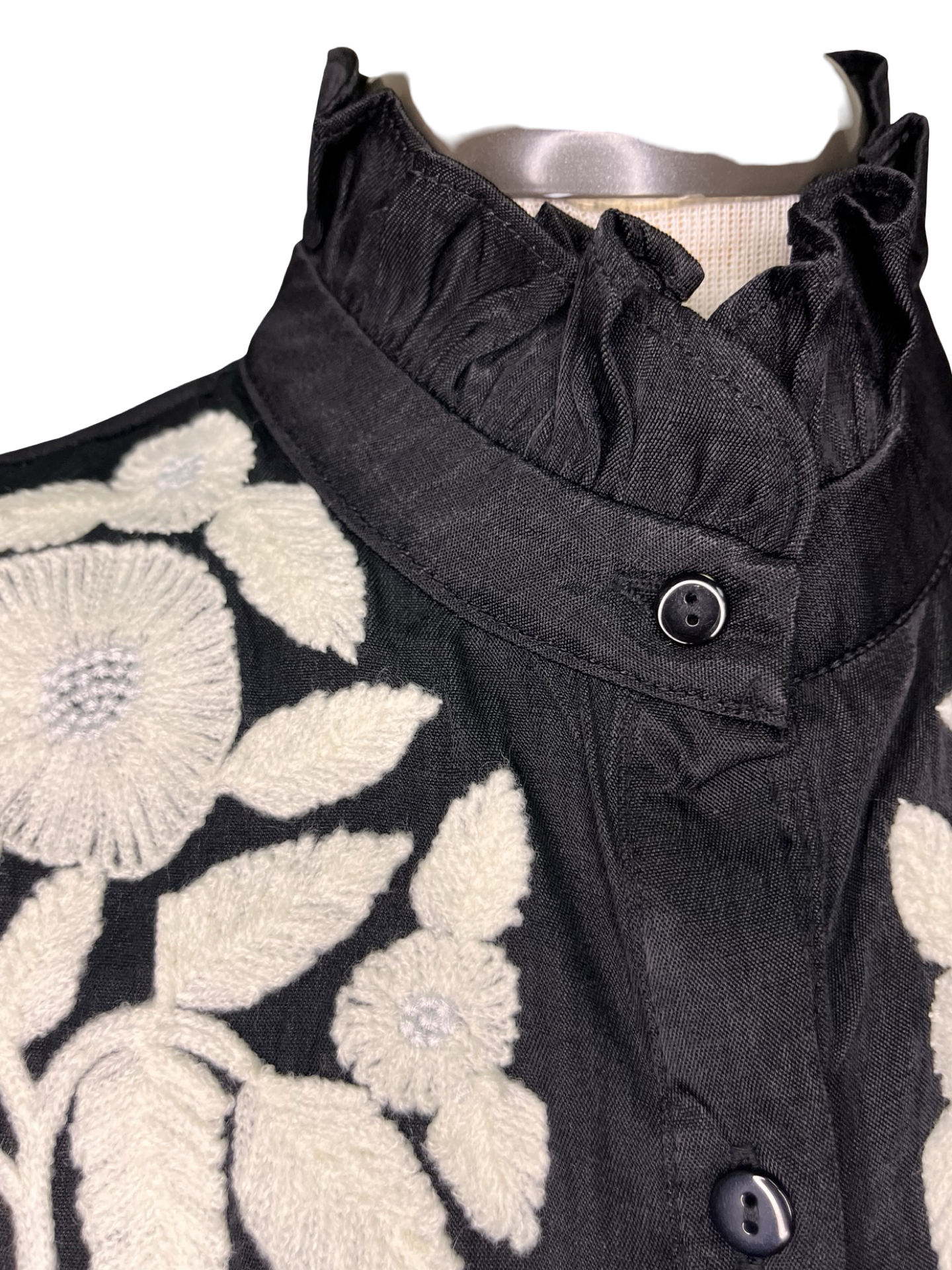 Ruffled Neck Embroidered Top Black