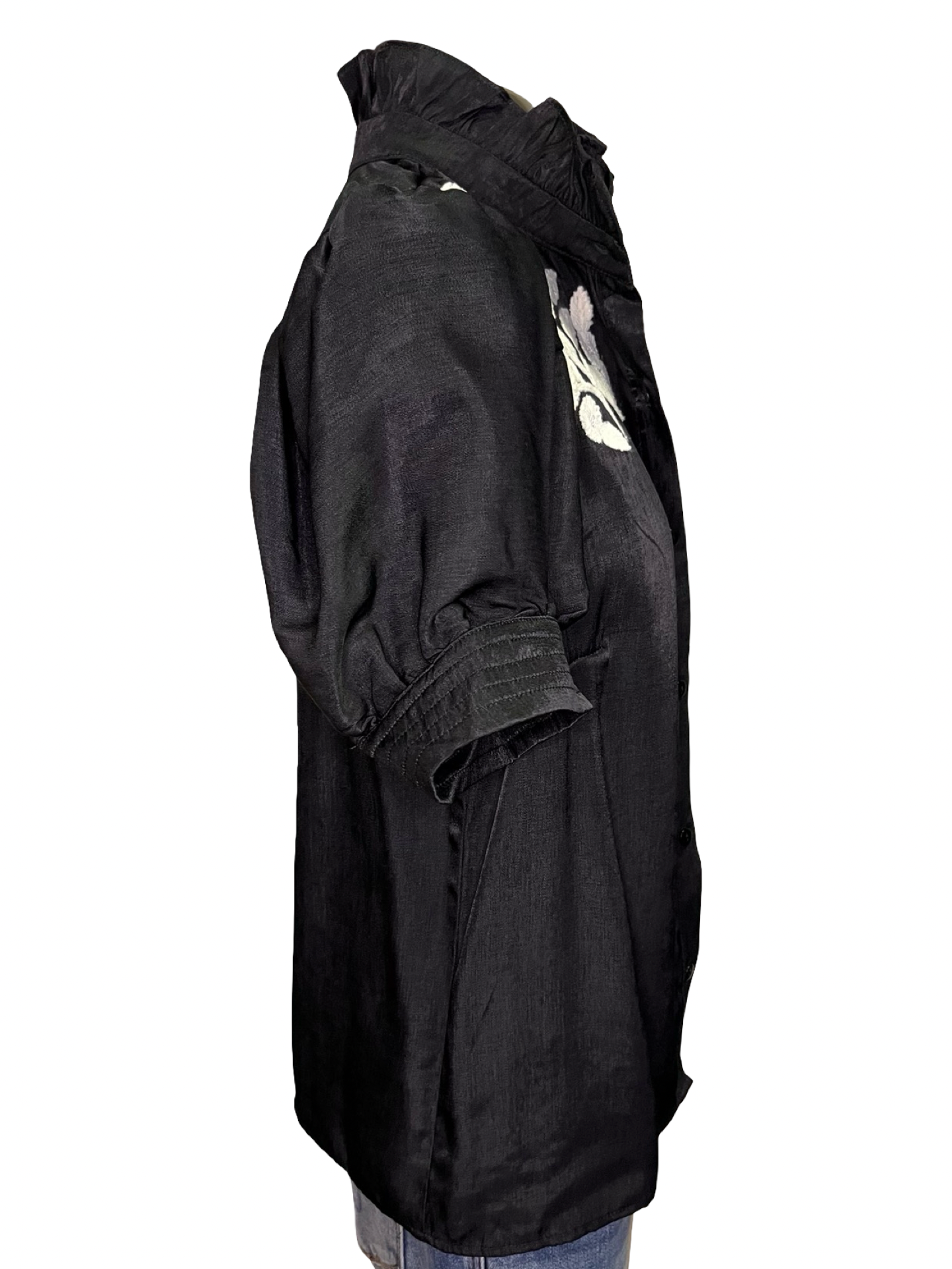 Ruffled Neck Embroidered Top Black