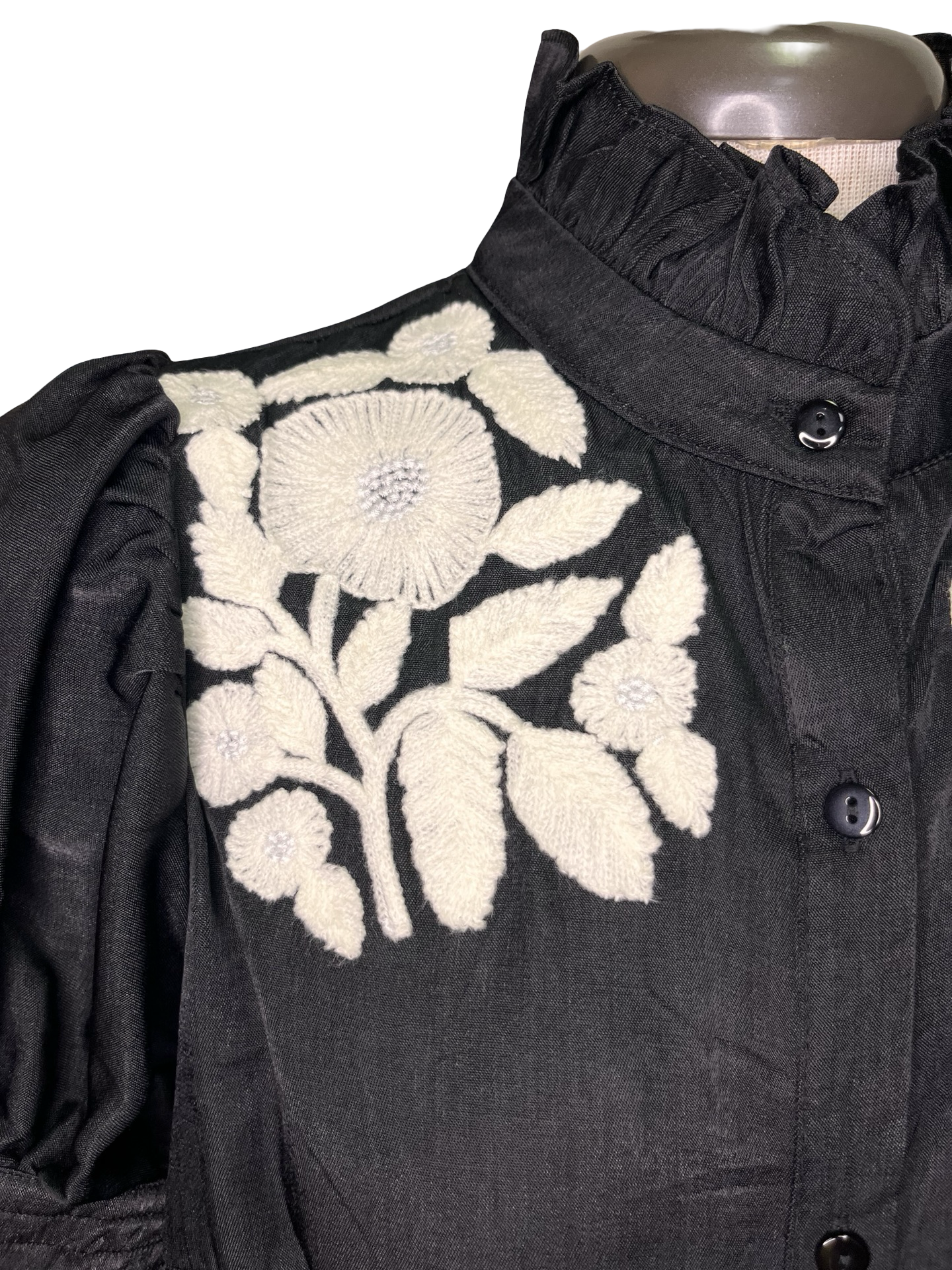 Ruffled Neck Embroidered Top Black