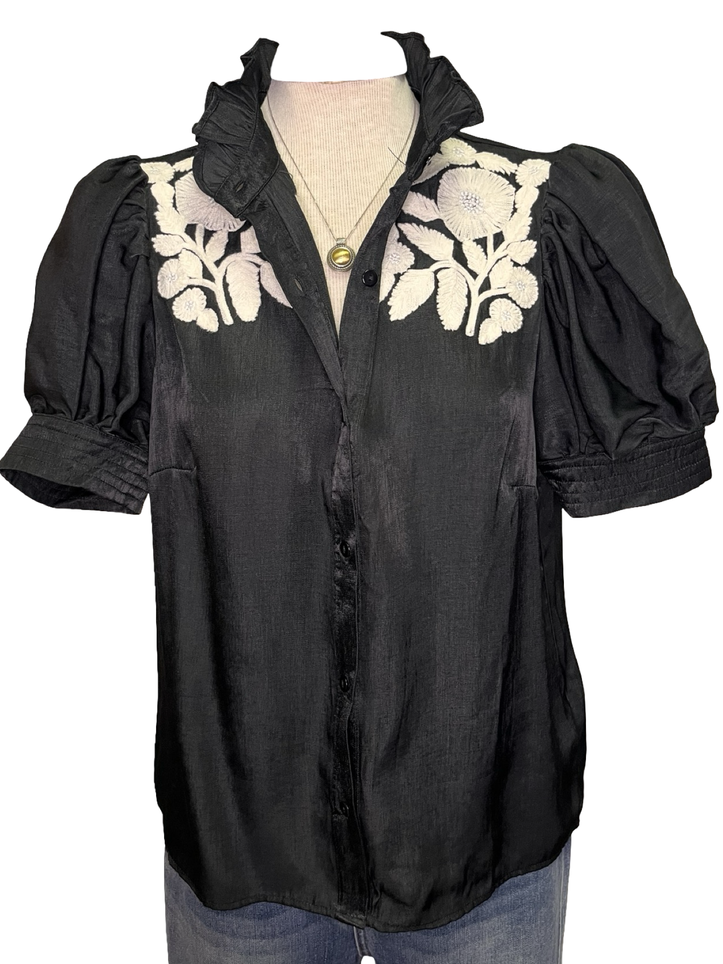Ruffled Neck Embroidered Top Black