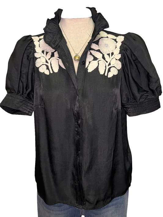 Ruffled Neck Embroidered Top Black