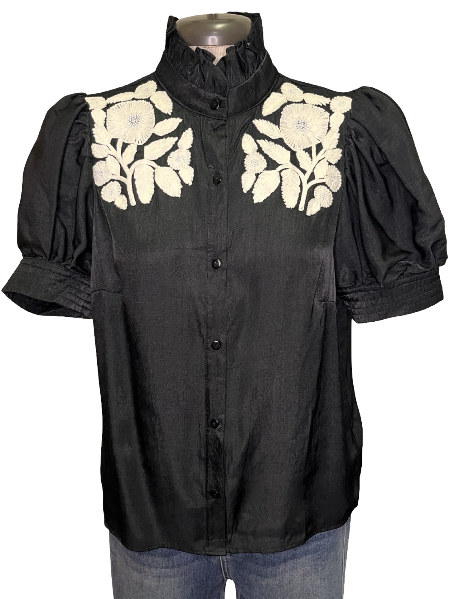 Ruffled Neck Embroidered Top Black